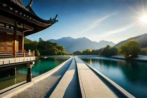 ein Chinesisch Gebäude mit ein Brücke Über ein See. KI-generiert foto