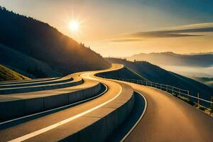 ein Wicklung Straße im das Berge mit das Sonne Einstellung. KI-generiert foto