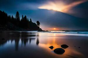 ein schön Sonnenuntergang Über das Ozean mit Felsen auf das Strand. KI-generiert foto