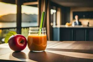 ein Glas von Saft und ein Apfel auf ein Tisch. KI-generiert foto