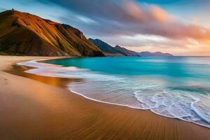 das Strand und Berge beim Sonnenuntergang. KI-generiert foto