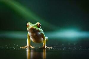 ein Frosch ist Stehen auf ein nass Oberfläche. KI-generiert foto