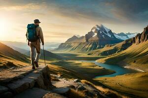 das Mann mit Rucksack und Wandern Stangen Stehen auf das Kante von ein Berg. KI-generiert foto