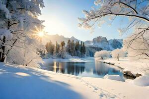 Schnee bedeckt Bäume und ein Fluss im das Winter. KI-generiert foto