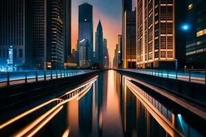 ein Stadt Straße beim Nacht mit Beleuchtung auf das Wasser. KI-generiert foto