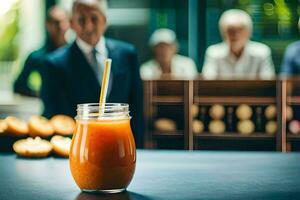 ein Glas von Orange Saft mit ein Stroh im Es. KI-generiert foto