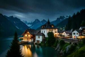 ein See und ein Berg Dorf beim Nacht. KI-generiert foto