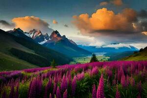 das Berge sind bedeckt im lila Blumen und das Himmel ist gefüllt mit Wolken. KI-generiert foto