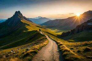 das Sonne steigt an Über das Berge im das Hintergrund. KI-generiert foto