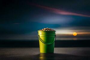 ein Eimer von Erdnüsse auf ein Strand mit ein voll Mond im das Hintergrund. KI-generiert foto