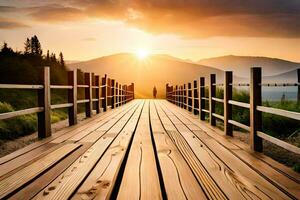 ein hölzern Brücke Über ein Fluss mit das Sonne Rahmen hinter Es. KI-generiert foto