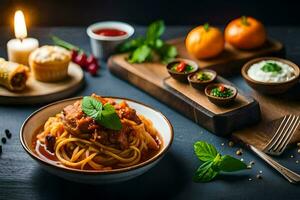 Spaghetti mit Fleisch Soße und Gemüse auf ein hölzern Tisch. KI-generiert foto