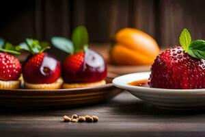 Foto Hintergrund Frucht, das Frucht, Erdbeeren, Nachtisch, das Frucht, Erdbeeren, Nachtisch, Die. KI-generiert
