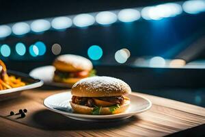zwei Hamburger und Fritten auf ein Tisch. KI-generiert foto