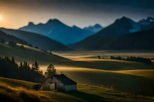 das Sonne steigt an Über das Berge im das Hintergrund. KI-generiert foto