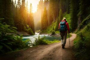 Wanderer Gehen auf ein Weg im das Berge. KI-generiert foto