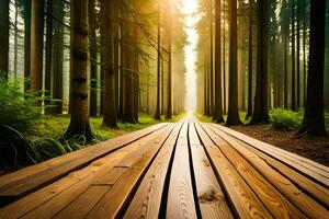 hölzern Pfad im das Wald mit Sonne leuchtenden durch. KI-generiert foto