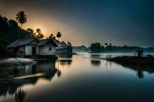 ein Haus auf das Wasser beim Sonnenaufgang. KI-generiert foto