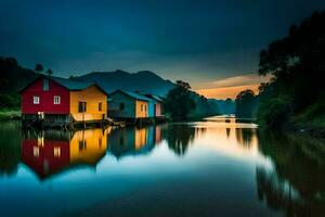 bunt Häuser auf das Fluss beim Sonnenuntergang. KI-generiert foto