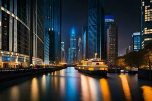 ein Fluss Boot Reisen Nieder ein Fluss beim Nacht. KI-generiert foto