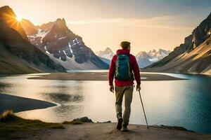 ein Mann mit ein Rucksack und Wandern Stangen steht auf ein Weg mit Blick auf ein See. KI-generiert foto