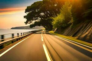 ein Auto Fahren auf ein Autobahn mit das Sonne Einstellung. KI-generiert foto