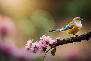 ein Vogel sitzt auf ein Ast mit Rosa Blumen. KI-generiert foto