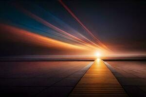 ein lange hölzern Gehweg führt zu das Ozean beim Sonnenuntergang. KI-generiert foto