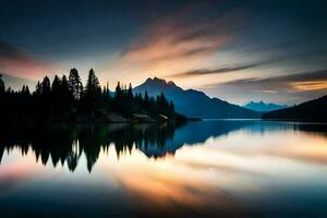 ein schön Sonnenuntergang Über ein See mit Bäume und Berge. KI-generiert foto