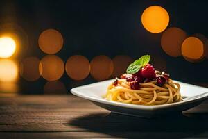 Spaghetti mit Kirsche und Minze auf ein Platte. KI-generiert foto