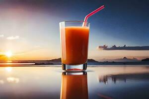 ein Glas von Orange Saft mit ein Stroh Sitzung auf das Kante von ein Tisch. KI-generiert foto