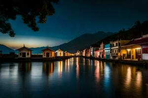 das Wasserweg ist gefüttert mit Häuser beim Nacht. KI-generiert foto