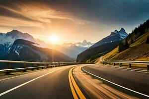 ein Straße im das Berge mit das Sonne Einstellung. KI-generiert foto