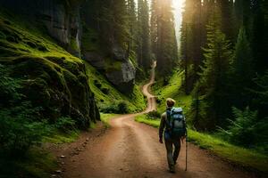 ein Wanderer Gehen Nieder ein Schmutz Straße im das Wald. KI-generiert foto