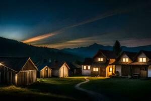 Foto Hintergrund das Himmel, Berge, das Nacht, das Dorf, das Haus, das Straße,. KI-generiert