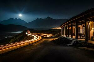 ein lange Exposition Foto von ein Straße und Berge beim Nacht. KI-generiert