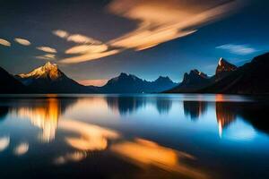 das Berge sind reflektiert im das Wasser beim Nacht. KI-generiert foto