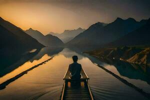 ein Mann sitzt auf ein hölzern Brücke mit Blick auf ein See. KI-generiert foto