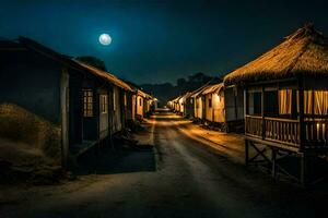 ein Straße gefüttert mit mit Stroh gedeckt Hütten beim Nacht. KI-generiert foto