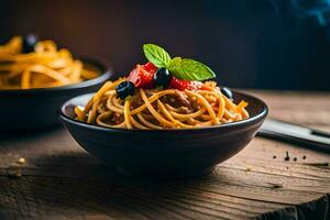 Spaghetti mit Fleischklößchen und Gemüse im ein Schüssel. KI-generiert foto