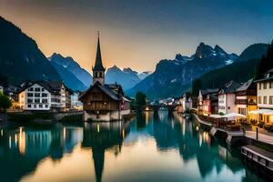 ein Fluss läuft durch ein Stadt, Dorf beim Sonnenuntergang. KI-generiert foto