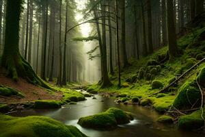 ein Strom läuft durch ein Wald mit moosig Bäume. KI-generiert foto