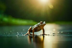ein Frosch Stehen auf das nass Boden mit das Sonne leuchtenden. KI-generiert foto