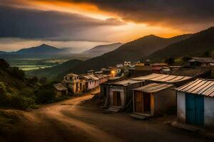 ein Dorf beim Sonnenuntergang mit Häuser und Berge im das Hintergrund. KI-generiert foto