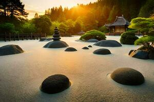 ein japanisch Garten beim Sonnenuntergang mit Felsen und Steine. KI-generiert foto