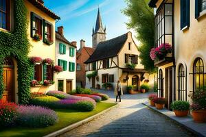 ein Straße im ein klein Stadt, Dorf mit Blumen und Gebäude. KI-generiert foto