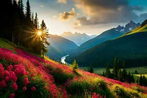 das Sonne steigt an Über das Berge im das Hintergrund. KI-generiert foto