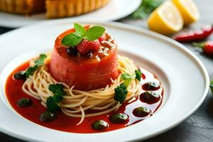 ein Teller mit Spaghetti und Tomate auf oben. KI-generiert foto