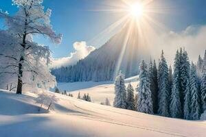 Foto Hintergrund das Himmel, Schnee, Bäume, Sonne, Bäume, Berge, Bäume, Winter,. KI-generiert