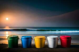 fünf bunt Eimer auf das Strand beim Sonnenuntergang. KI-generiert foto